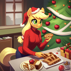 Size: 1406x1404 | Tagged: safe, imported from twibooru, applejack, anthro, earth pony, festival looks, ai content, ai generated, apple, christmas, christmas sweater, christmas tree, clothes, food, generator:stable diffusion, hat, holiday, image, kitchen, pie dough, pie pan, png, santa hat, solo, sweater, sweet apple acres, tree
