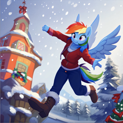 Size: 1410x1408 | Tagged: safe, imported from twibooru, rainbow dash, anthro, pegasus, ai content, ai generated, christmas, christmas jacket, christmas tree, christmas wreath, floating, generator:stable diffusion, holiday, image, long pants, png, ponyville, snow, snowfall, solo, town hall, tree, winter boots, wreath