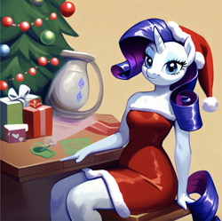 Size: 1408x1404 | Tagged: safe, imported from twibooru, rarity, anthro, unicorn, ai content, ai generated, card, carousel boutique, christmas, christmas card, christmas dress, christmas presents, christmas tree, desk, generator:stable diffusion, hat, holiday, image, png, present, santa hat, solo, tree