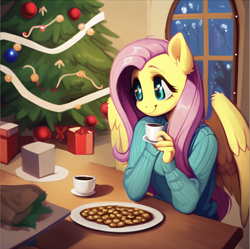 Size: 1412x1406 | Tagged: safe, imported from twibooru, fluttershy, anthro, pegasus, ai content, ai generated, chocolate, christmas, christmas presents, christmas sweater, christmas tree, clothes, cookie, fluttershy's cottage (interior), food, generator:stable diffusion, holiday, hot chocolate, image, living room, png, present, solo, sweater, tree