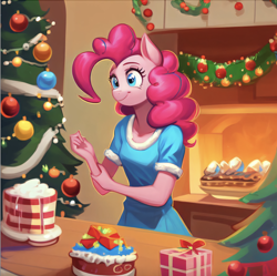 Size: 1402x1398 | Tagged: safe, imported from twibooru, pinkie pie, anthro, earth pony, ai content, ai generated, christmas, christmas cakes, christmas clothes, christmas decorations, christmas present, christmas tree, fireplace, generator:stable diffusion, holiday, image, kitchen, png, solo, sugarcube corner, tree