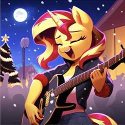 Size: 1410x1410 | Tagged: safe, imported from twibooru, sunset shimmer, anthro, unicorn, ai content, ai generated, audience cheering, bright moon, christmas, christmas tree, concert, downtown, generator:stable diffusion, holiday, image, night, playing guitar, png, ponyville, singing, snow, snowfall, solo, stage, tree