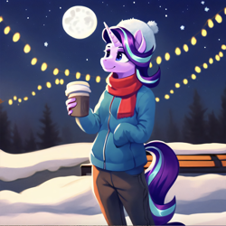 Size: 1408x1406 | Tagged: safe, imported from twibooru, starlight glimmer, anthro, unicorn, ai content, ai generated, bright moon, chocolate, clothes, food, generator:stable diffusion, hot chocolate, image, long pants, night, png, public park, scarf, snowy, solo, stars, winter hat, winter jacket