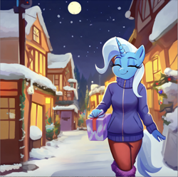 Size: 1404x1400 | Tagged: safe, imported from twibooru, trixie, anthro, unicorn, ai content, ai generated, bright moon, downtown, eyes closed, generator:stable diffusion, holding a present, humming, image, leg warmers, night, png, ponyville, shops, snowy streets, solo, winter jacket
