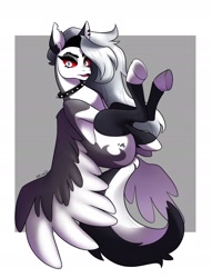 Size: 2082x2731 | Tagged: safe, artist:arinù, imported from twibooru, demon, demon pony, hellhound, original species, pegasus, pony, coat markings, collar, crossover, eyebrows, female, fluffy tail, flying, helluva boss, image, long tail, looking at you, loona (helluva boss), needs more jpeg, ponified, red sclera, simple background, solo, spiked collar, tail