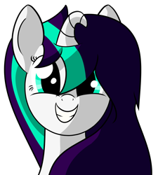 Size: 1408x1567 | Tagged: safe, artist:polynya, imported from twibooru, oc, oc only, oc:cosmic karma, pony, unicorn, bust, female, floppy horn, grin, horn, image, looking at you, mare, png, simple background, smiling, smiling at you, solo, transparent background, unicorn oc