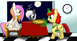 Size: 4000x2175 | Tagged: safe, artist:polynya, imported from twibooru, oc, oc only, oc:lumi, oc:philotes, oc:pizza pie, pony, unicorn, apron, chair, checkered floor, clock, clothes, female, females only, food, glowing horn, horn, image, levitation, magic, mare, moon, night, open mouth, pizza, png, profile, shooting star, sitting, smiling, stars, table, telekinesis, tongue out, window