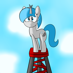 Size: 5000x5000 | Tagged: safe, artist:polynya, imported from twibooru, oc, oc only, pony, unicorn, antennae, cloud, female, image, looking at you, mare, png, sad, sky, stuck, tower, unnamed character, wi-fi
