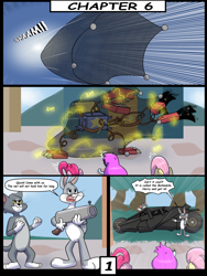Size: 6000x8000 | Tagged: safe, artist:chedx, imported from derpibooru, fluttershy, pinkie pie, cat, earth pony, pegasus, rabbit, comic:learning with pibby glitch battles, animal, batmobile, boxy boo, bugs bunny, comic, commission, community related, corrupted, crossover, error, g4, glitch, multiverse, pibby, tom the cat
