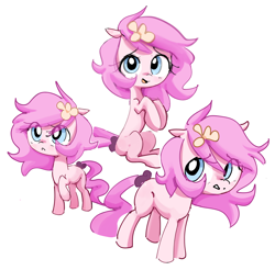 Size: 4384x4320 | Tagged: safe, artist:parfait, imported from derpibooru, oc, oc only, oc:kayla, earth pony, pony, female, filly, flower, flower in hair, foal, looking at you, scrunchie, simple background, solo, white background