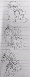 Size: 1404x3533 | Tagged: safe, artist:metaruscarlet, imported from derpibooru, oc, oc only, oc:anime-chan, oc:ohasu, oc:stalker-chan, earth pony, ghost, ghost pony, pegasus, pony, undead, clothes, doodle, ear piercing, earring, earth pony oc, eyepatch, hairpin, japanese, jewelry, katana, kimono (clothing), lined paper, pegasus oc, piercing, sailor uniform, skirt, spread wings, sword, tattoo, traditional art, uniform, weapon, wings