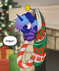 Size: 2243x2701 | Tagged: safe, artist:mochi_nation, imported from derpibooru, oc, oc only, oc:polaris starshine, pony, unicorn, candy, candy cane, christmas, christmas lights, christmas stocking, christmas tree, clothes, commission, dialogue, female, food, holiday, hoof hold, mare, oops, present, socks, solo, speech bubble, striped socks, tiny, tiny ponies, tree, ych result