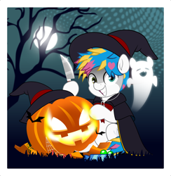 Size: 4878x5000 | Tagged: safe, artist:jhayarr23, imported from derpibooru, ghost, pegasus, pony, undead, awsten knight, candy, cape, clothes, commission, dyed mane, dyed tail, evil grin, food, grin, halloween, hat, heterochromia, holiday, hoof hold, jack-o-lantern, jewelry, knife, looking at you, male, moon, necklace, outdoors, ponified, pumpkin, sitting, smiling, solo, stallion, tail, tree, waterparks, witch hat