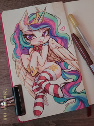 Size: 1037x1383 | Tagged: safe, artist:hikerumin, imported from derpibooru, princess celestia, alicorn, semi-anthro, :p, anatomically incorrect, bells, christmas, christmas stocking, clothes, eyelashes, g4, holiday, hoof shoes, human shoulders, incorrect leg anatomy, long mane, long tail, marker drawing, no neck, partially open wings, pencil drawing, princess shoes, signature, sketchbook, socks, solo, striped socks, tail, tongue out, traditional art, wings