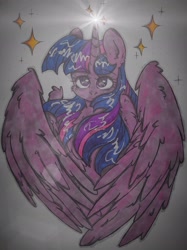 Size: 2448x3266 | Tagged: safe, artist:starkey, imported from derpibooru, twilight sparkle, alicorn, pony, chest fluff, ear fluff, folded wings, g4, large wings, leonine tail, partially open wings, stars, tail, traditional art, twilight sparkle (alicorn), wide eyes, wings