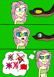 Size: 419x593 | Tagged: safe, artist:beecartoonist13, imported from derpibooru, fluttershy, human, snake, equestria girls, bikini, breasts, busty fluttershy, clothes, comic, female, g4, green background, humanized, hypno eyes, hypnoshy, hypnosis, hypnotized, implied applejack, implied pinkie pie, implied rainbow dash, implied rarity, implied twilight sparkle, kaa, kaa eyes, lidded eyes, open mouth, red cross, simple background, smiling, swimsuit, thought bubble