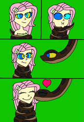 Size: 407x593 | Tagged: safe, artist:beecartoonist13, imported from derpibooru, fluttershy, human, snake, equestria girls, ^^, bikini, breasts, busty fluttershy, cheek kiss, clothes, coiling, coils, comic, cute, duo, eyes closed, g4, green background, gulp, heart, humanized, hypno eyes, hypnoshy, hypnosis, hypnotized, kaa, kaa eyes, kissing, shyabetes, simple background, sleeping, swimsuit, wrapped up