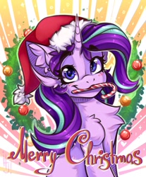 Size: 1400x1689 | Tagged: safe, artist:falafeljake, imported from derpibooru, starlight glimmer, pony, unicorn, blush lines, blushing, bust, candy, candy cane, chest fluff, christmas, christmas wreath, cute, ear fluff, female, fluffy, food, g4, glimmerbetes, hat, holiday, looking at you, mare, merry christmas, mouth hold, santa hat, shoulder fluff, sitting, smiling, smiling at you, solo, wreath