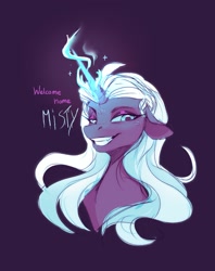 Size: 1329x1677 | Tagged: safe, artist:nettlemoth, imported from derpibooru, opaline arcana, alicorn, earth pony, bust, dialogue, female, floppy ears, g5, glowing, glowing horn, grin, horn, implied misty brightdawn, mare, purple background, simple background, sinister smile, smiling, solo, talking to viewer