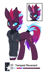 Size: 2334x3726 | Tagged: safe, artist:justafallingstar, imported from derpibooru, oc, oc only, oc:tempest revenant, unicorn, chromatic aberration, clothes, cute, female, hoodie, horn, looking at you, magic, magical spreading, mare, reference sheet, scar, simple background, solo, white background