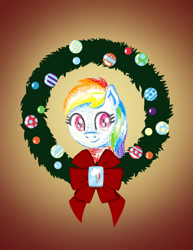 Size: 2550x3300 | Tagged: safe, artist:flutterluv, imported from derpibooru, part of a set, rainbow dash, pegasus, pony, bust, christmas, christmas wreath, g4, gradient background, holiday, portrait, smiling, solo, wreath