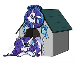 Size: 2030x1695 | Tagged: safe, artist:clarissasbakery, imported from derpibooru, rarity, pony, unicorn, crossed hooves, doghouse, family guy, female, g4, lidded eyes, lying down, mare, prone, simple background, solo, white background