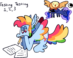 Size: 1280x1018 | Tagged: safe, artist:goatpaste, imported from derpibooru, owlowiscious, princess luna, rainbow dash, alicorn, bird, owl, pegasus, pony, testing testing 1-2-3, alternate design, g4, pencil, simple background, white background