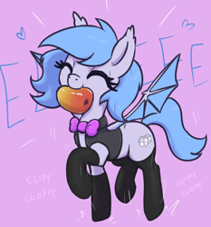 Size: 1960x2100 | Tagged: safe, artist:t72b, imported from derpibooru, oc, oc only, oc:lucky roll, bat pony, pony, bowtie, clothes, eeee, eyes closed, food, happy, mango, mouth hold, pink background, prancing, simple background, socks, solo, vest