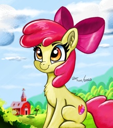 Size: 2480x2817 | Tagged: safe, artist:user-fox, imported from derpibooru, apple bloom, scootaloo, sweetie belle, earth pony, pony, apple bloom's bow, barn, bow, chest fluff, cloud, cute, cutie mark crusaders, day, ear fluff, farm, female, filly, foal, g4, grass, hair bow, looking at you, outdoors, signature, sitting, smiling