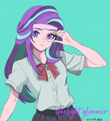 Size: 2000x2206 | Tagged: safe, artist:绮丽月虹, imported from derpibooru, part of a set, starlight glimmer, human, blue background, cyan background, human coloration, humanized, simple background