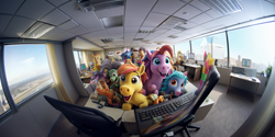 Size: 1536x768 | Tagged: prompter needed, safe, imported from derpibooru, oc, pony, ai content, ai generated, computer, drunk, generator:midjourney, office, photo, selfie, widescreen