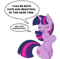 Size: 1678x1651 | Tagged: safe, artist:aggresively pastel, artist:joey darkmeat, edit, imported from derpibooru, twilight sparkle, unicorn, beautiful, bipedal, curvy, cute, eyes closed, low effort, shitposting, simple background, solo, speech bubble, twiabetes, unicorn twilight, white background, wide hips