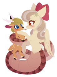 Size: 2573x3500 | Tagged: safe, artist:belka-sempai, imported from derpibooru, oc, oc only, oc:northlight, oc:peach blossom, deer, lamia, original species, antlers, bow, duo, duo male and female, female, flower, flower in hair, hair bow, hug, male, mare, oc x oc, shipping, simple background, stallion, tail, tail hug, transparent background, unshorn fetlocks, wings