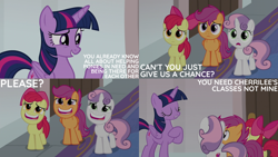 Size: 2000x1125 | Tagged: safe, edit, edited screencap, editor:quoterific, imported from derpibooru, screencap, apple bloom, scootaloo, sweetie belle, twilight sparkle, alicorn, marks for effort, cutie mark crusaders, eyes closed, hoof on chest, school of friendship, twilight sparkle (alicorn)