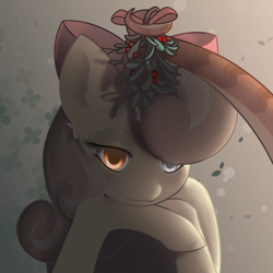 Size: 4000x4000 | Tagged: safe, artist:alkalez, imported from derpibooru, oc, oc:peach blossom, lamia, original species, bow, glass eye, hair bow, heterochromia, leaning forward, looking at you, mistletoe, smiling, smiling at you, solo