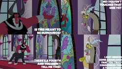 Size: 2000x1125 | Tagged: safe, edit, edited screencap, editor:quoterific, imported from derpibooru, screencap, discord, lord tirek, twilight sparkle, alicorn, twilight's kingdom, canterlot castle interior, stained glass, twilight sparkle (alicorn)