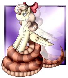 Size: 1999x2278 | Tagged: safe, artist:thebenalpha, imported from derpibooru, oc, oc:peach blossom, lamia, original species, plush pony, bow, button, button eyes, doll, flower, flower in hair, hair bow, plushie, reflection, solo, toy, wings