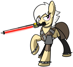 Size: 1795x1649 | Tagged: safe, artist:polynya, imported from twibooru, oc, oc only, oc:magnolia, earth pony, pony, fallout equestria, beam katana, bracelet, clothes, crossover, ear piercing, earring, earth pony oc, female, image, jewelry, looking at you, mare, mouth hold, no more heroes, piercing, png, raised hoof, simple background, socks, solo, spiked wristband, stockings, thigh highs, tooth necklace, transparent background, wristband