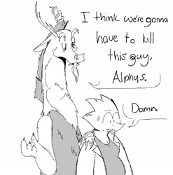 Size: 2936x2966 | Tagged: safe, artist:flow, imported from derpibooru, discord, draconequus, alphys, belly, dialogue, duo, hand on shoulder, i think we're gonna have to kill this guy, meme, monochrome, sweat, sweatdrop, undertale