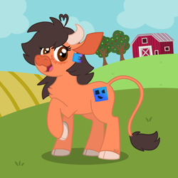 Size: 1500x1500 | Tagged: safe, artist:rgbovine_art, imported from derpibooru, oc, oc:robertapuddin, cow, barn, blushing, cowberta, cowified, crops, cute, farm, happy, open mouth, open smile, raised hoof, smiling, species swap, transformation, tree