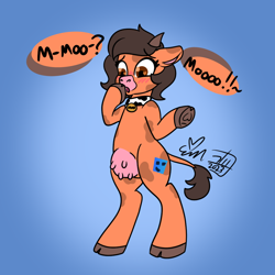 Size: 1000x1000 | Tagged: safe, artist:erynerikard, imported from derpibooru, oc, oc:robertapuddin, cow, :o, bipedal, blushing, cloven hooves, collar, cowberta, cowified, hoof heart, moo, open mouth, signature, species swap, transformation, udder, underhoof