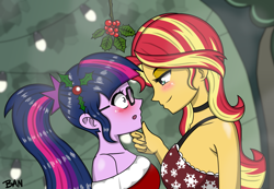 Size: 2457x1705 | Tagged: safe, artist:banquo0, imported from derpibooru, sci-twi, sunset shimmer, twilight sparkle, human, equestria girls, blushing, choker, clothes, dress, duo, female, g4, glasses, hand on chin, holly, holly mistaken for mistletoe, imminent kissing, lesbian, lidded eyes, looking at each other, looking at someone, ponytail, ship:sci-twishimmer, ship:sunsetsparkle, shipping, sidemouth