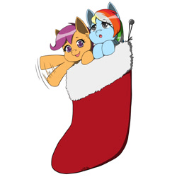 Size: 2000x2000 | Tagged: safe, artist:erein, imported from derpibooru, scootaloo, oc, oc:azure, pegasus, pony, christmas, christmas presents, christmas stocking, colored, commission, cute, duo, ears up, female, flat colors, g4, gray eyes, happy, holiday, multicolored hair, parents:canon x oc, pegasus oc, present, simple background, smiling, white background, wings