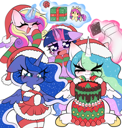 Size: 4000x4198 | Tagged: safe, artist:arwencuack, imported from derpibooru, princess cadance, princess celestia, princess luna, twilight sparkle, alicorn, pony, :3, alicorn tetrarchy, angry, blushing, cake, cakelestia, christmas, christmas stocking, clipboard, clothes, commission, costume, crossed arms, crossed hooves, cute, cute little fangs, cutedance, cutelestia, dress, ear fluff, eye clipping through hair, eyebrows, eyebrows visible through hair, eyes closed, fangs, female, floppy ears, food, g4, group, happy, hat, heart, heart eyes, holiday, laughing, levitation, luna is not amused, lunabetes, madorable, magic, mare, quartet, santa costume, santa hat, scroll, skirt, socks, spread wings, striped socks, teary eyes, telekinesis, twiabetes, twilight sparkle (alicorn), unamused, wingding eyes, wings