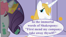 Size: 1280x720 | Tagged: safe, edit, edited screencap, editor:korora, imported from derpibooru, screencap, prince blueblood, rarity, the best night ever, g4, grand galloping gala, jewelry, rarity is not amused, speech bubble, talking, tiara, timon of athens, unamused, william shakespeare