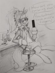 Size: 1536x2048 | Tagged: safe, artist:twigpaste, imported from derpibooru, oc, oc only, oc:dyx, alicorn, pony, alicorn oc, bar, bar stool, censor bar, censored, cigarette, crossed legs, dialogue, female, grayscale, grin, hoof hold, horn, implied middle finger, leaning, looking at you, magnetic hooves, mare, monochrome, offscreen character, older, older dyx, pencil drawing, smiling, solo, speech bubble, sunglasses, traditional art, wings