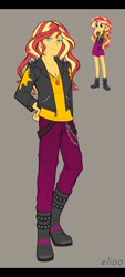 Size: 720x1600 | Tagged: safe, artist:elioo, color edit, edit, imported from derpibooru, sunset shimmer, equestria girls, boots, clothes, clothing redesign, colored, g4, gray background, jacket, redesign, shoes, simple background, solo