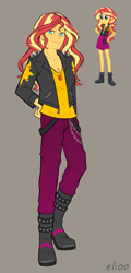 Size: 721x1498 | Tagged: safe, artist:elioo, color edit, edit, imported from derpibooru, sunset shimmer, equestria girls, boots, clothes, clothing redesign, colored, g4, gray background, jacket, redesign, shoes, simple background, solo