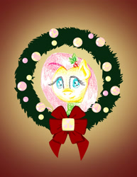 Size: 2550x3300 | Tagged: safe, artist:flutterluv, imported from derpibooru, part of a set, fluttershy, pegasus, pony, bust, christmas, christmas wreath, g4, gradient background, holiday, portrait, smiling, solo, wreath