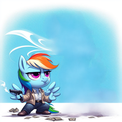 Size: 1024x1024 | Tagged: safe, imported from derpibooru, rainbow dash, anthro, ai content, ai generated, clothes, g4, generator:bing image creator, gun, money, prompter:*rainbow dash*, rainbow dash is best facemaker, weapon
